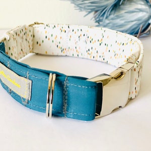 May include: A teal blue dog collar with a white and multi-colored patterned inner lining. The collar has a silver buckle and a silver D-ring.