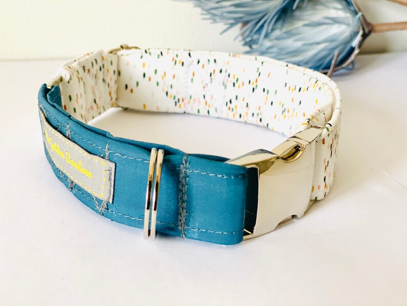 May include: A teal blue dog collar with a white and multi-colored patterned inner lining. The collar has a silver buckle and a silver D-ring.