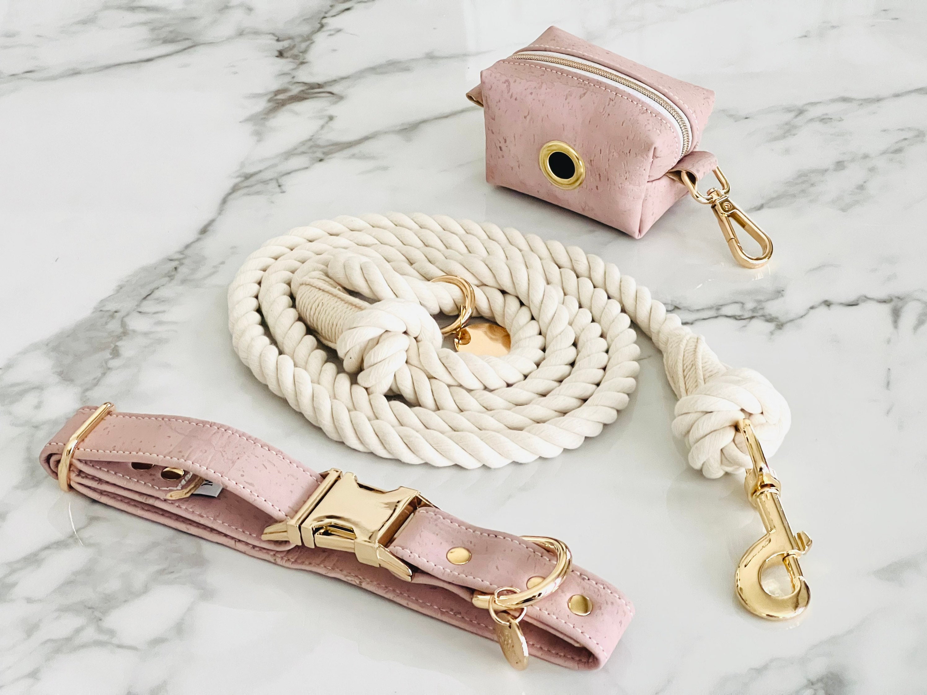 Durable Handmade cork vegan leather Dog Collar|| Eco-friendly cotton Rope Leash || Matching poo bag holder || Puppy starter kit PASTEL PINK