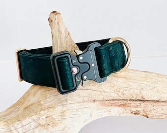 Vegan Cork fabric 1.5”wide dog collar, tactical buckle dog collar, waterproof collar, wide dog collar, vegan leather collar, Forest Green