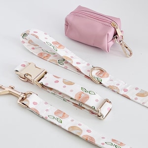 Dog Collar and Leash Set with Poop bag holder- Peaches and Cream Watercolor Gift for puppy Training- Personalized handmade dog accessories