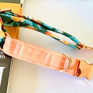 May include: A dog collar with a peach-coloured fabric base and a floral patterned overlay in teal, orange, and white. The collar features gold-coloured metal hardware, including a buckle and D-ring. The floral pattern is on the leash.
