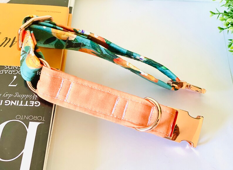 May include: A dog collar with a peach-coloured fabric base and a floral patterned overlay in teal, orange, and white. The collar features gold-coloured metal hardware, including a buckle and D-ring. The floral pattern is on the leash.
