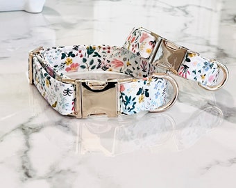 Dog Collar Bramble Field | Whimsical Peach and Green Spring Wedding Girl Collar with Quick Release Buckle | Floral Dog Collar