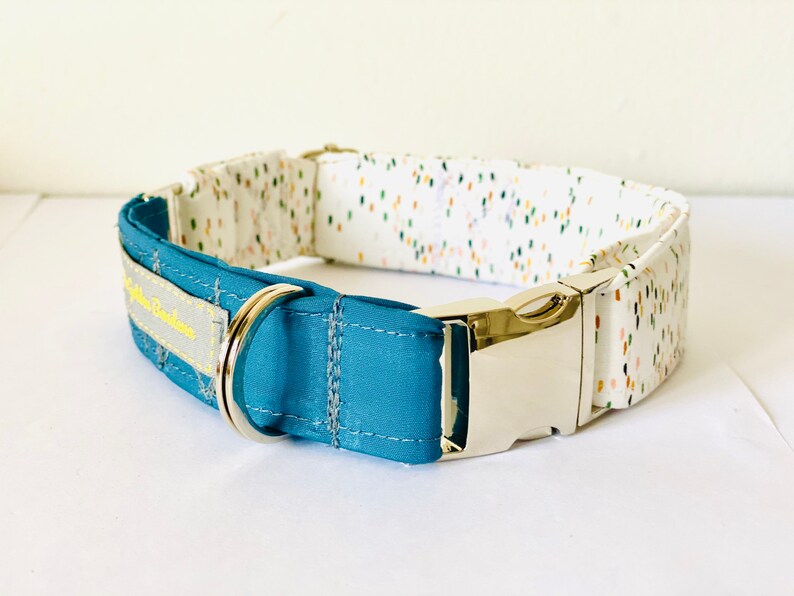 May include: A teal blue dog collar with a white and multi-colored confetti pattern on the other side. The collar has a silver buckle and a silver D-ring.