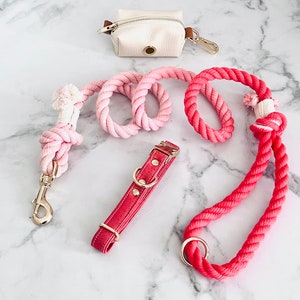 May include: A set of pink and red dog accessories including a rope leash, a collar, and a small white pouch.