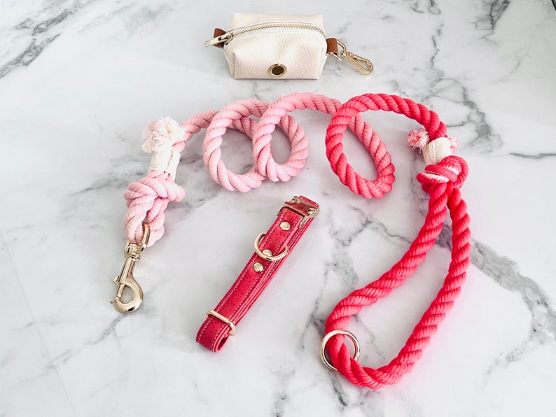 May include: A set of pink and red dog accessories including a rope leash, a collar, and a small white pouch.