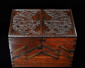 Chinese antique hand-carved rosewood Longhaila multi-treasure box, worth collecting