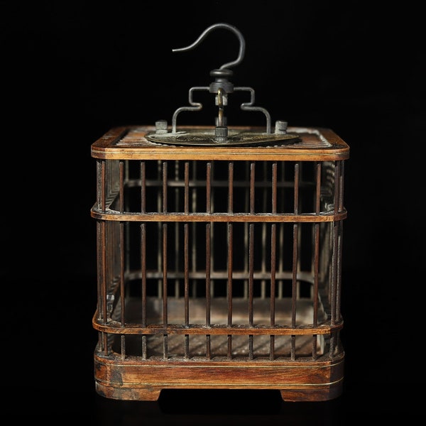 Cage à oiseaux à crochet à cinq boeufs en cuivre de palissandre pur fait à la main antique chinoise, valeur de collection