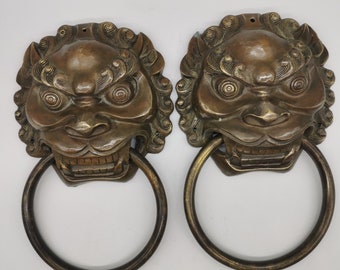 Pair of Chinese Antique Hand Carved Brass Lion Knockers, Worth Collecting