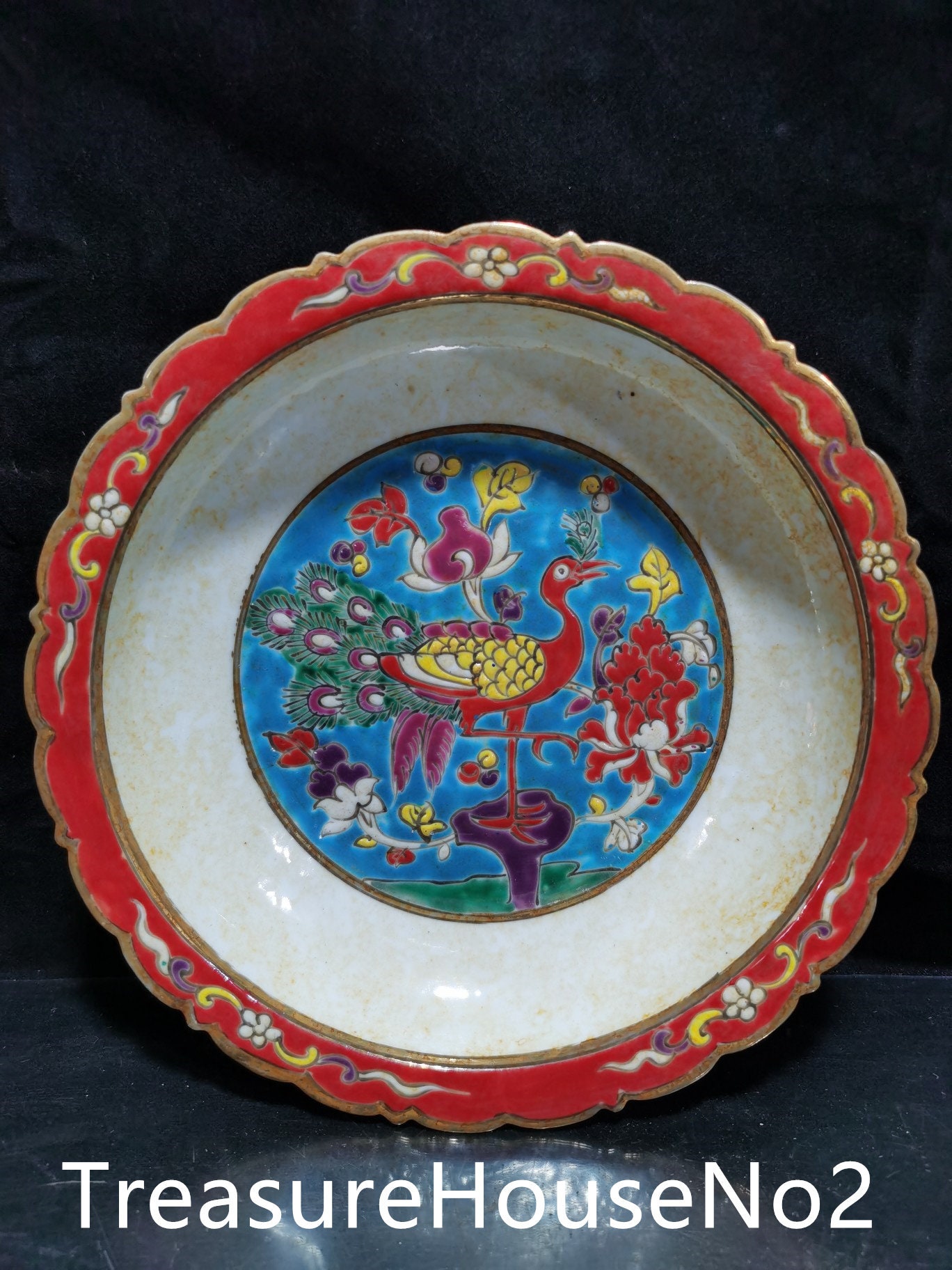 Chinese antique hand painted large pastel peacock pattern folded lace plate ornament Chinese antique hand painted large pastel peacock pattern folded lace plate ornament