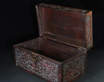 Chinese statues are handcrafted and carved from sandalwood. They are rare, exquisite, and rare storage box ornaments