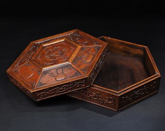 Chinese handmade carved precious pear wood hexagonal fruit box ornaments, worth collecting and using