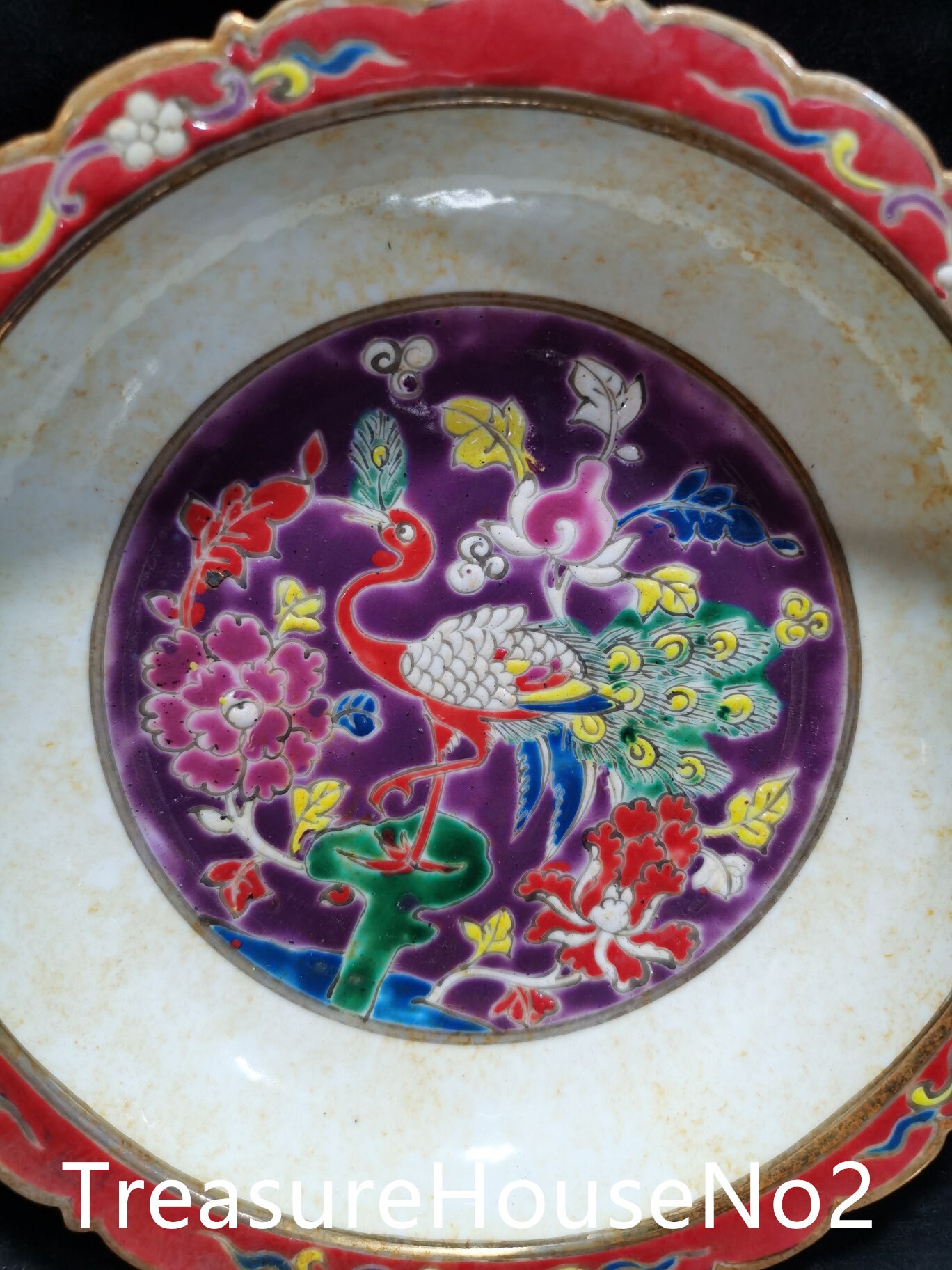 Chinese antique hand painted large pastel peacock pattern folded lace plate ornament Chinese antique hand painted large pastel peacock pattern folded lace plate ornament