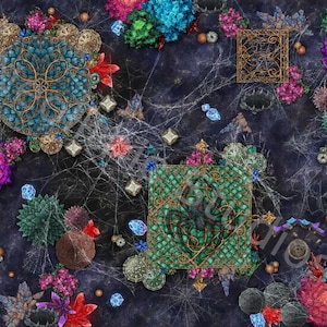 May include: A dark, textured surface featuring a complex pattern of spiderwebs, scattered blue and red crystals, and vibrant clusters of purple, teal, and green foliage. Two prominent geometric shapes, one circular and one square, are overlaid.