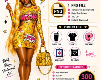 Black Woman Pop Art PNG, Yellow Comic Glam Tumbler Design (Digital Download)