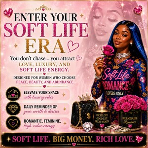 May include: A digital art graphic with the text "ENTER YOUR SOFT LIFE ERA" and a woman holding a rose. The image includes a black purse, a candle, and a bouquet of pink roses. The text promotes love, luxury, and soft life energy.