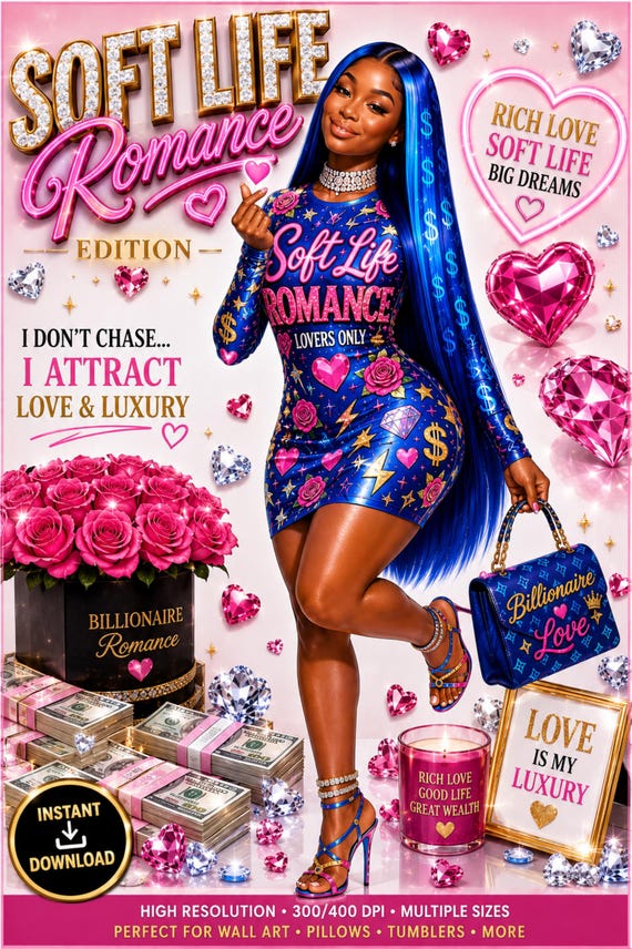 Soft Life Romance Wall Art, Black Girl Luxury Decor, Feminine Wealth Affirmation, Pink Glam Poster, Rich Love Aesthetic, Bedroom Decor