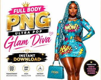 Full Body Glam Diva PNG, Afro Baddie Sublimation Design (Digital Download)
