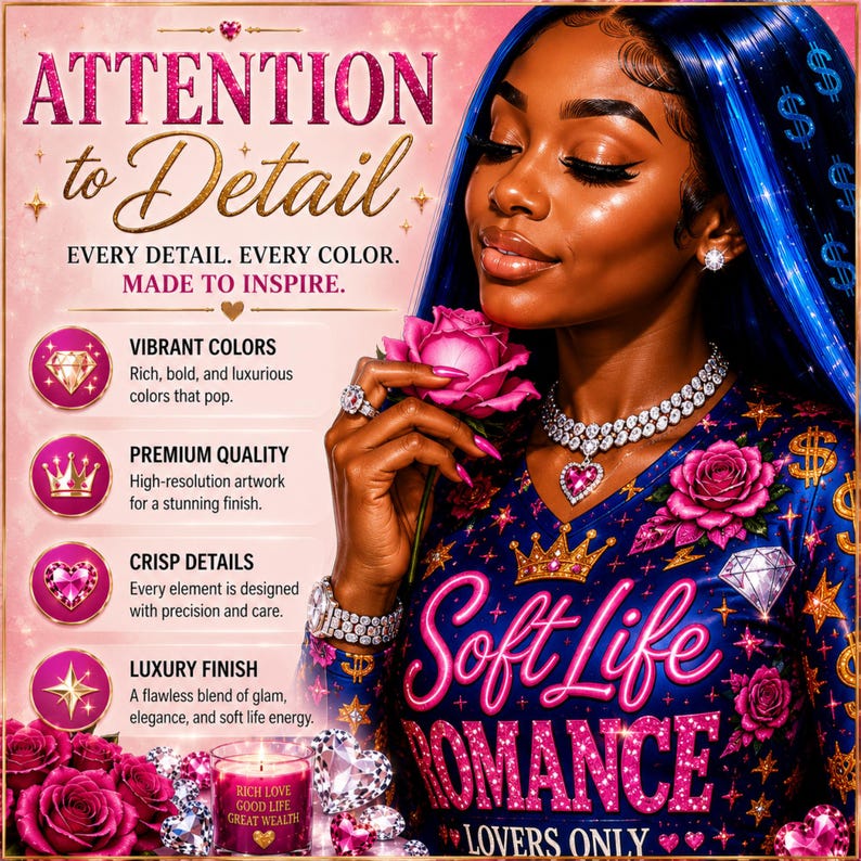 May include: A digital art print featuring a woman with blue hair, wearing a navy blue top with the words "Soft Life Romance" in pink. The image includes text that says "Attention to Detail" and "Lovers Only". The artwork has vibrant colors and a luxurious finish.