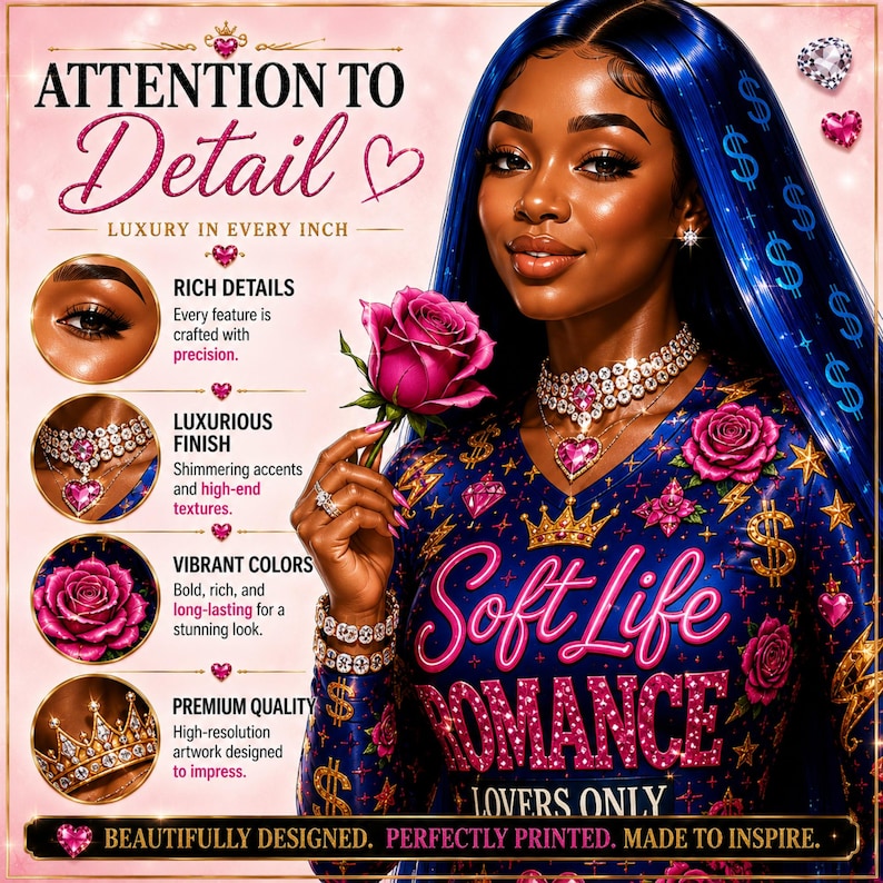 May include: Digital art featuring a woman with blue hair and a navy blue top with the words "Soft Life Romance". The image includes a pink rose, jewelry, and the text "Attention to Detail".