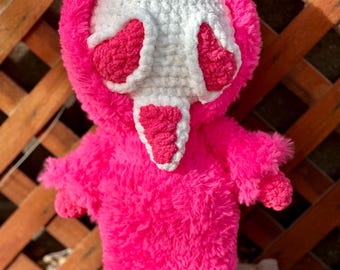 Maschera horror rosa pelosa pronta per la spedizione, peluche all'uncinetto, peluche rosa acceso in pelliccia sintetica fatto a mano, decorazione gotica spettrale, simpatico oggetto da collezione horror