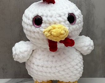 Peluche di pollo all'uncinetto, animale imbottito gigante in filato di ciniglia