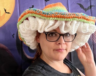 Klaar om te verzenden gehaakte heksenhoed, regenboogkleuren, handgemaakte heksenhoed, cosplaykostuum, Halloween-kostuumhoed, volwassen grootte, spookachtige heksenhoed