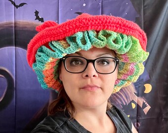 Klaar om te verzenden gehaakte heksenhoed, regenboogkleuren, handgemaakte kostuumhoed, cosplaykostuum, Halloween-kostuumhoed, handgemaakte heksenhoed, spookachtig