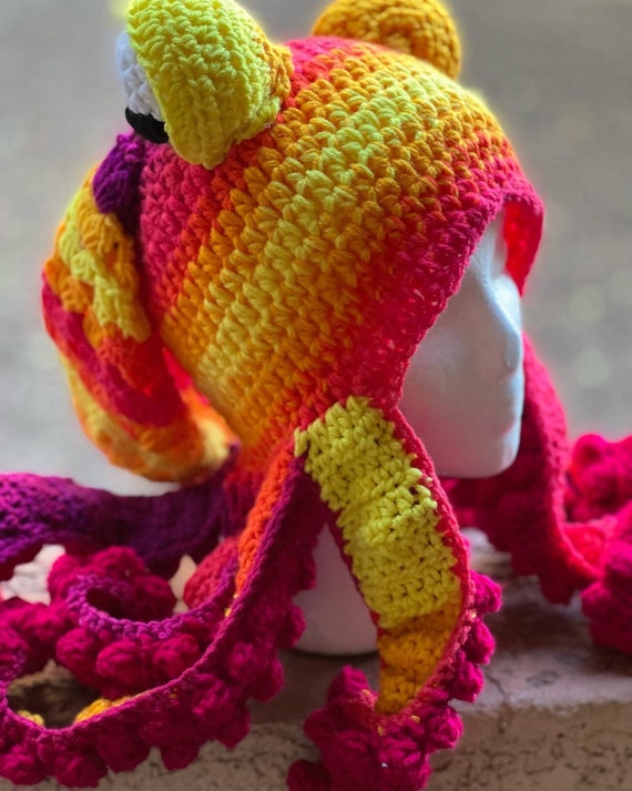 Handmade Variegated Colors and Hot Pink Octopus Hat Adult Size Handmade Fuchsia Octopus Hat With Tentacles – Original Knit  main image 4