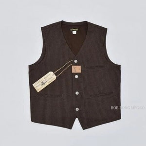 1920s Style Mens Vests, Pullovers, FairIsle Knits 015 - BOB DONG Vintage Striped Work Vest Mens Retro Suit Waistcoat Cotton Buckle Back $131.90 AT vintagedancer.com