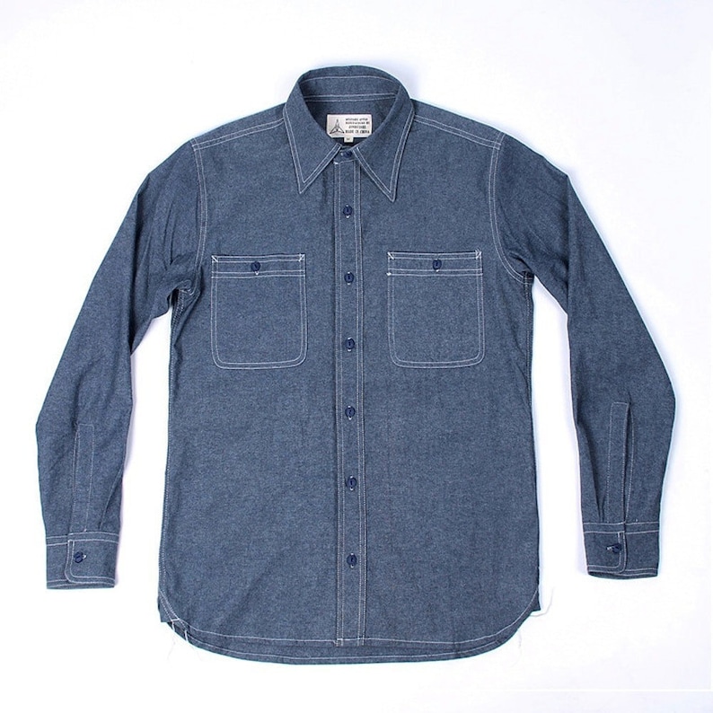 1940s Men’s Shirts, T-Shirts, Sweaters, Vests     shi003 - WW2 Reproduction US Navy Work Shirt Vintage Denim Chambray Mens Fatigue Utility  AT vintagedancer.com