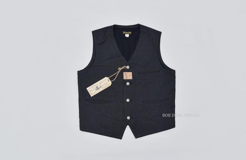 Victorian Men’s Vests and Waistcoats jac015 - BOB DONG Vintage Striped Work Vest Mens Retro Suit Waistcoat Cotton Buckle Back $131.90 AT vintagedancer.com