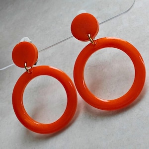 Orange Clip On Circle Earrings, Orange Statement Earrings, Summer, Stud Drop Earrings, Non Pierced Earrings, Clip On Statement, Festival