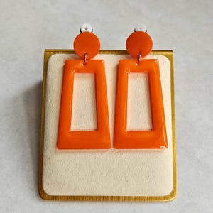 Orange Clip On Stud Drop Earrings, Orange Statement Earrings, Geometric Rectangle Dangle, Lightweight Resin Jewelry, Non Pierced Statement