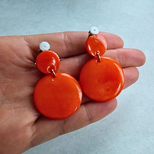 Orange Statement Clip On Earrings, Circle Earrings, Stud Drop Earrings, Non Pierced Earrings, Clip On Statement, Summer, Bright, Festival