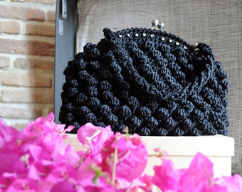 Vintage Black Crochet Bag, Retro 60s Handbag, Original 50s, Old Fashion Handbag, Big Kiss Claps Bag, Silk Bag, By Hand Clutch, Made For You