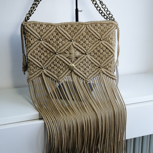 Luxurious Handbag, Fashionable Bag, Fringed Beige Bag, Ethnic Shoulder Crochet Bag, Elegant Chic Macramé Bag, Unusual Gift For Girlfriend