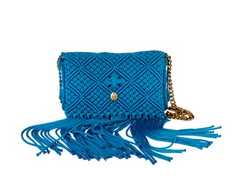 Sac à main pour femme bleu canard à franges, sac à main en macramé, fascinant sac à main pour femme à franges, sac à main bohème chic de luxe, cadeau parfait