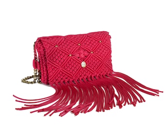 Red Statement Fringe Women's Purse, Macramé Knitted Shoulder Bag, Captivating Fringed Women's Purse, Chic Boho Handbag, Ideal Gift for Her