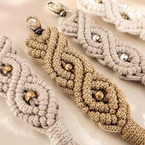 Macrame Bag Charm, Handmade Woven Keychain Pendant, Boho Diamond Knot Backpack Clip, Beige Gray Cotton Tassel, Birthday Party Favor