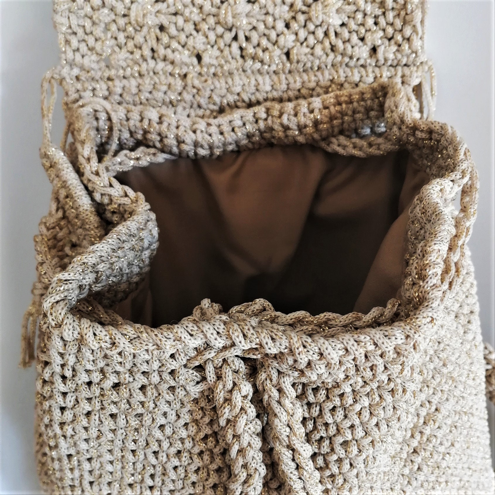 Handcrafted Crochet Backpack in Brown & Cream with Gold Accent B72663coverphoto01Kathy_sCroch  main image 4