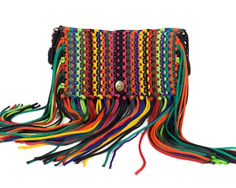 Dynamic Macramé Stylish Shoulder Bag, Fringe Women's Bag, Trendy Hand Knitted Purse, Chunky Messenger, Vibrant Rainbow Colors, Gift Idea