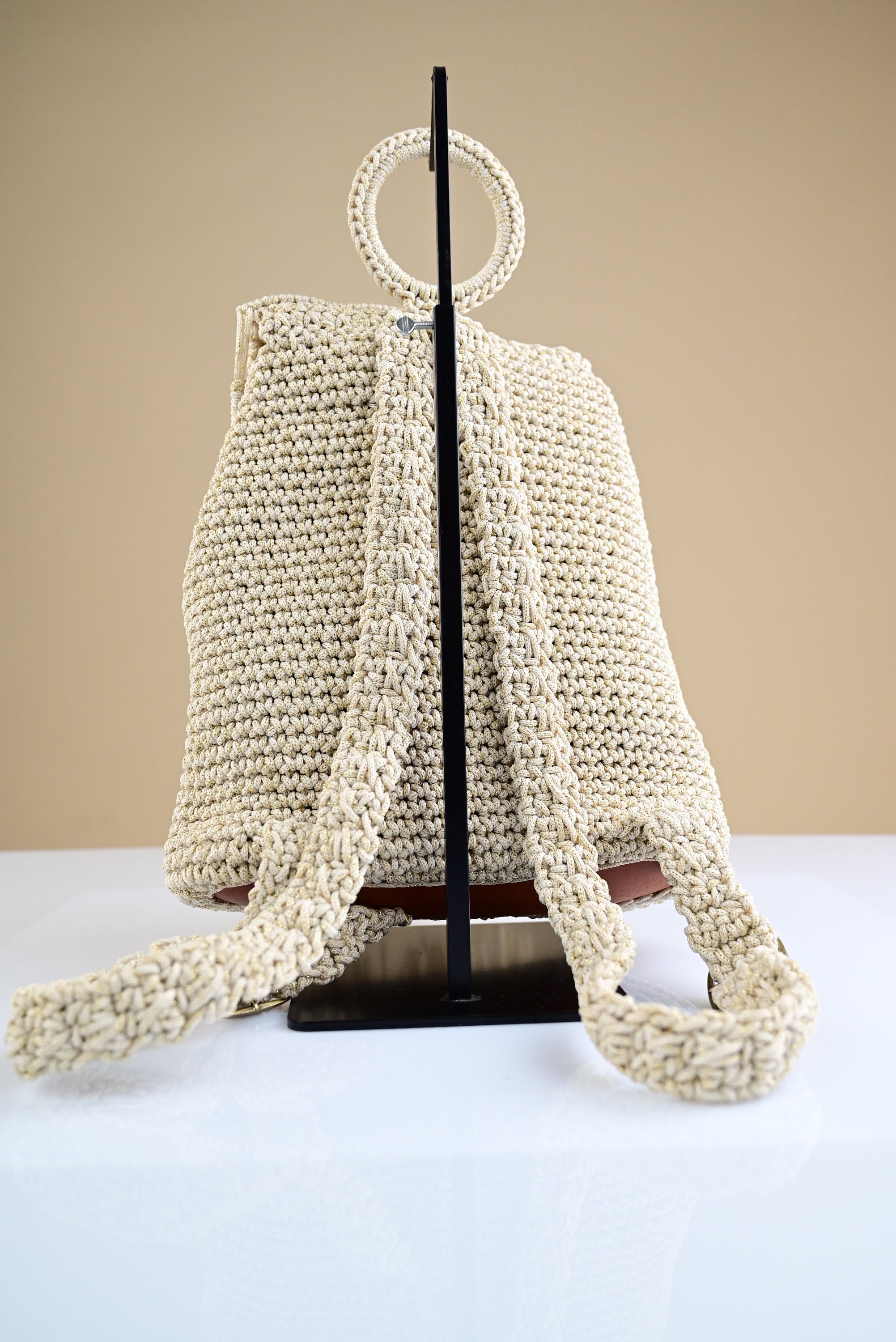 Handcrafted Crochet Backpack in Brown & Cream with Gold Accent B72663coverphoto01Kathy_sCroch  main image 2