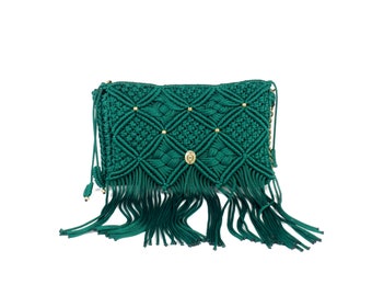 Bolso de ganchillo verde, bolso de hombro de punto macramé, bolso de lujo, bolso de mujer con flecos llamativos, patrón único, elegancia boho