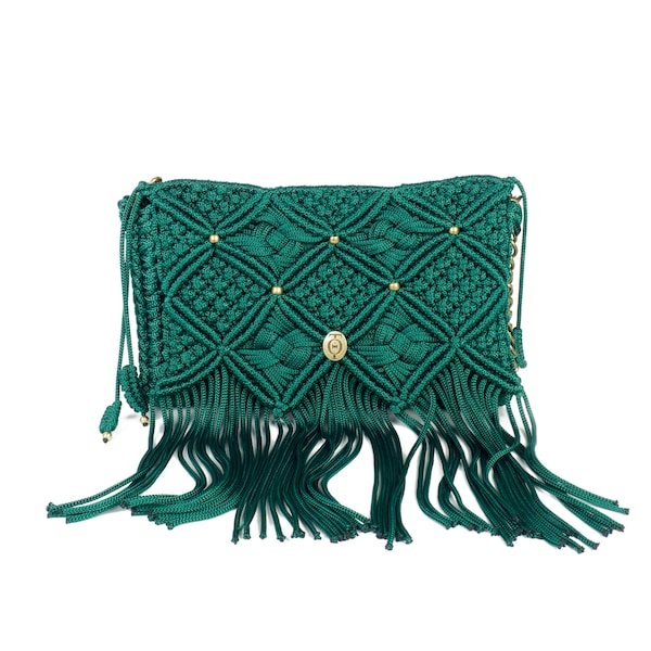 Green Crochet Bag, Macramé Knitted Shoulder Bag, Luxury Handbag, Statement Fringe Women's Purse, Unique Pattern, Bohemian Elegance