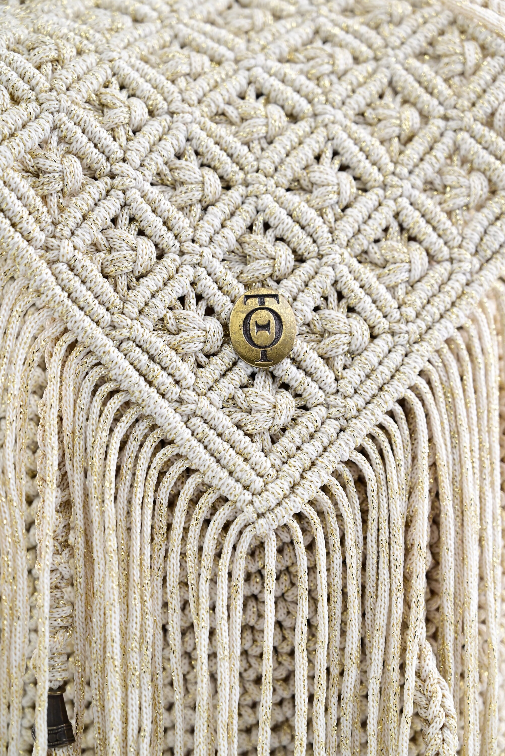 Beige and Gold Crochet Backpack, Fringed Macramé Flap  display picture 2