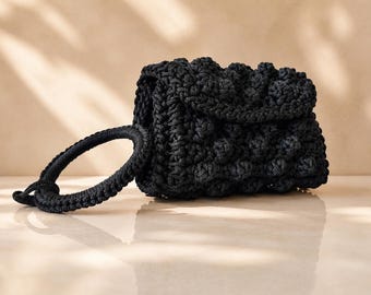 Black Crochet Clutch, Handmade Bubble Stitch Wristlet Bag, Knitted Round Handle Purse, Evening Bag, Boho Wedding Accessory