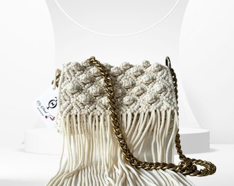 Off- White Fringe Crochet Handbag, Handmade Cocktail Evening Dress Bag, Elegant Knit Purse, Boho Chic Stylish Look, Luxury Gift For Mother