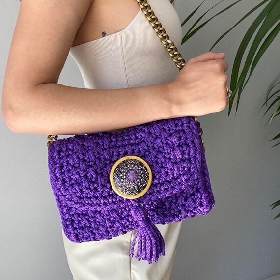 Purple Handknitted Bag Fancy Crochet Bag Handbag With Tassel 